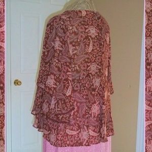 Brown Pink & Tan Paisley Sheer Ruffled Blouse